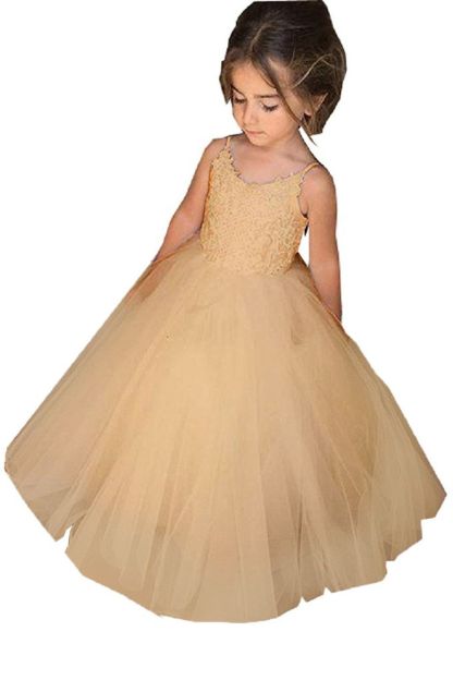 Long Tulle Lace Square Neckline Sleeveless Ball Gown Flower Girls Dress