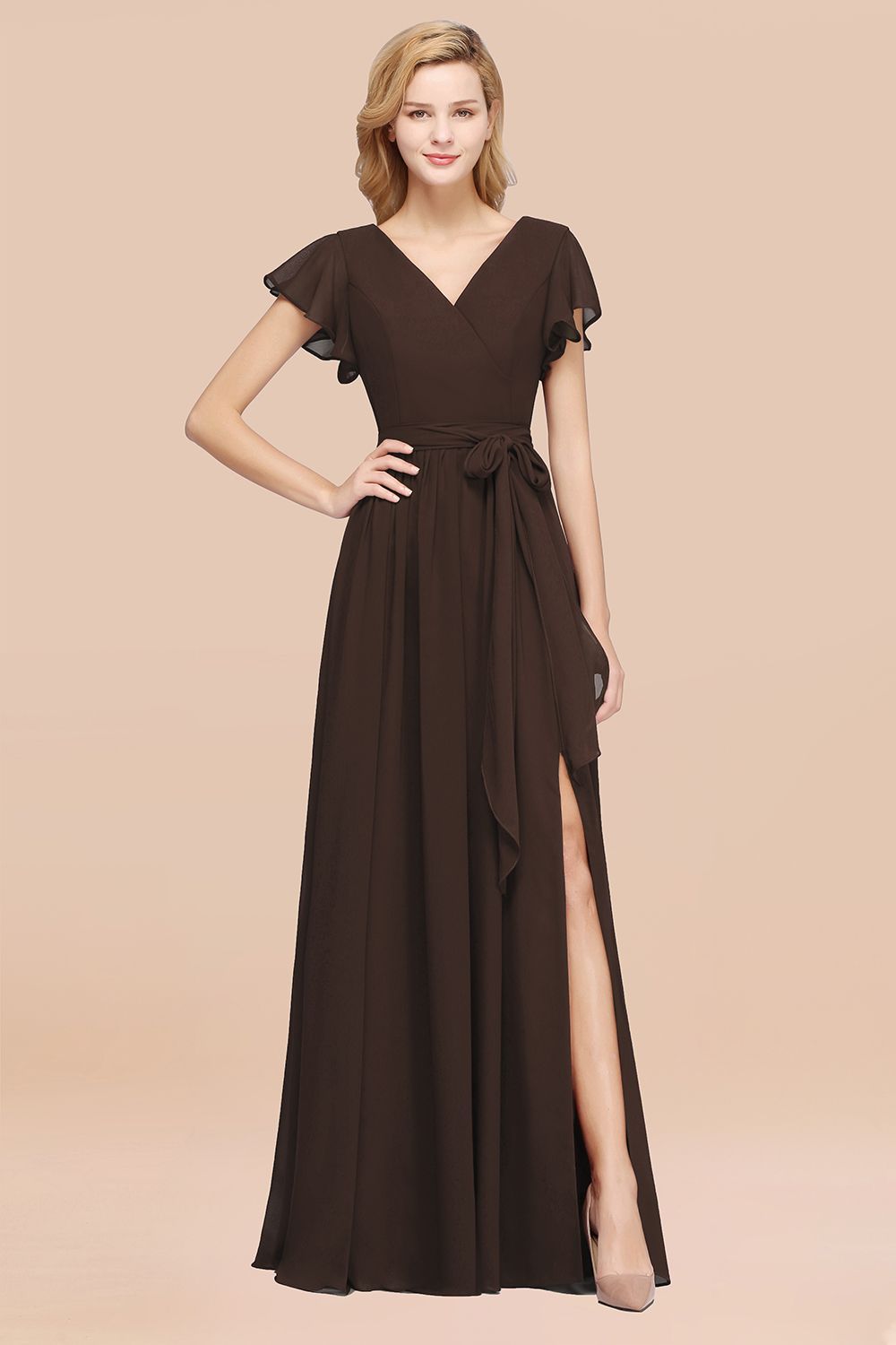 elegant A-line Chiffon V-Neck Short-Sleeves Floor-Length Bridesmaid Dresses with Bow Sash