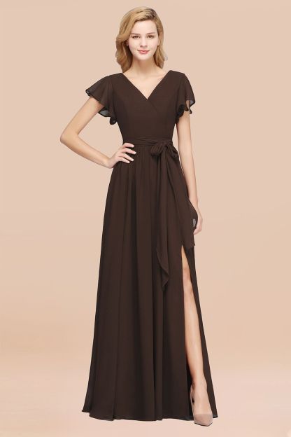 elegant A-line Chiffon V-Neck Short-Sleeves Floor-Length Bridesmaid Dresses with Bow Sash
