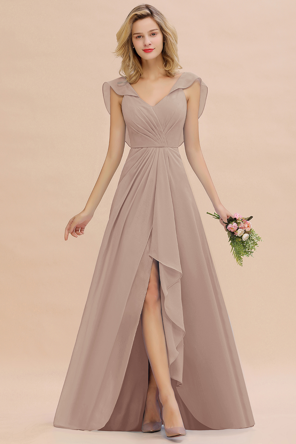 BM0777 Simple Hi-Lo V-Neck Ruffles Long Bridesmaid Dress