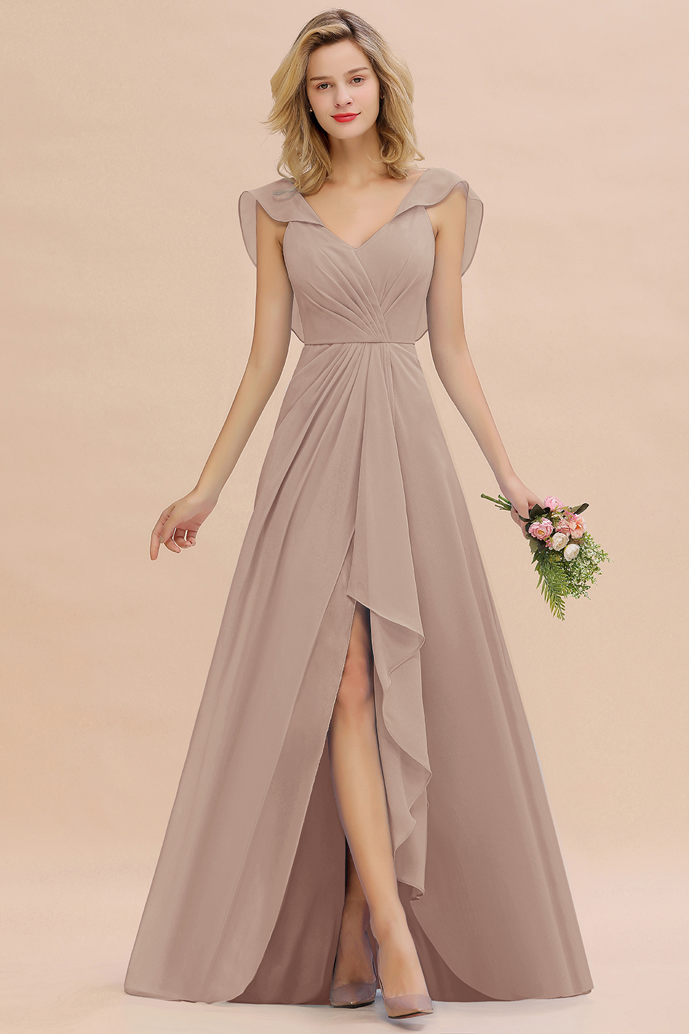 BM0777 Simple Hi-Lo V-Neck Ruffles Long Bridesmaid Dress