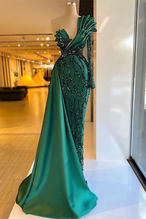 Dark Green Long Sleeve Mermaid Satin Floor Length Prom Dress with Beadings