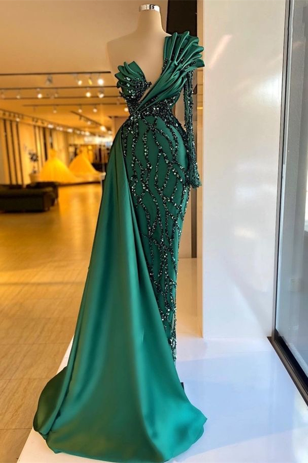 Dark Green Long Sleeve Mermaid Satin Floor Length Prom Dress with Beadings