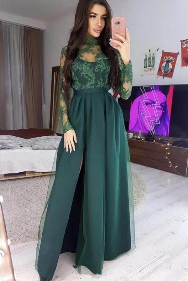 Long A-line High neck Satin Long Sleeves Prom Dress with Slit