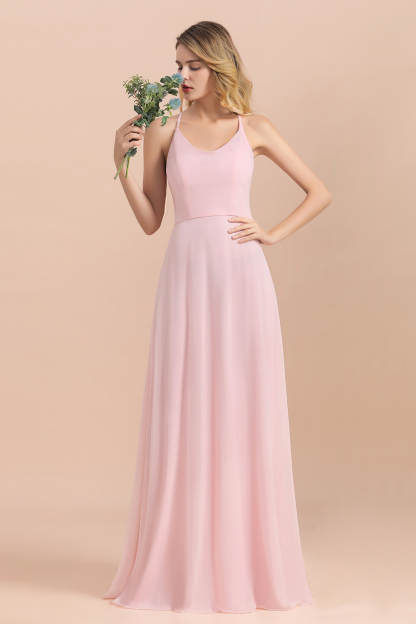Elegant Spaghetti Straps Scoop Neck A-Line Chiffon Floor-length Bridesmaid Dress