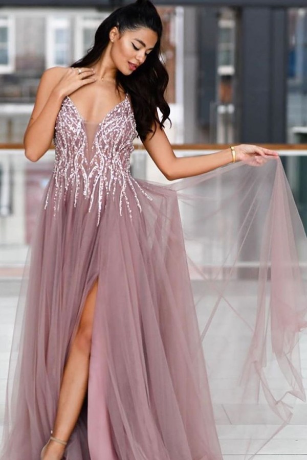 Long A-line V-neck Sparkle Sequined Criss-cross Back Prom Dress with Slit