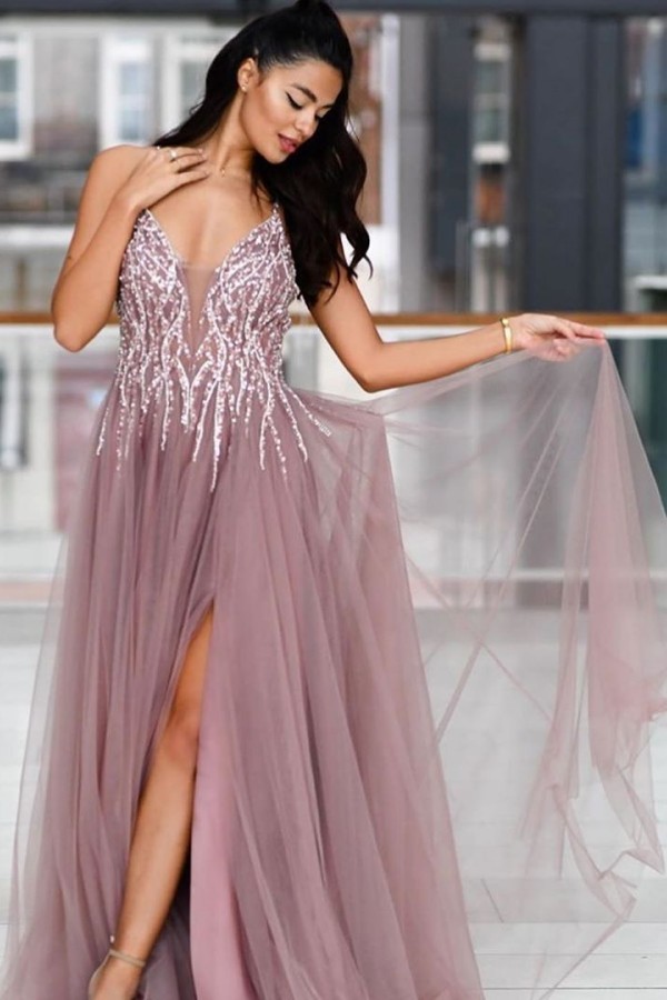 Long A-line V-neck Sparkle Sequined Criss-cross Back Prom Dress with Slit