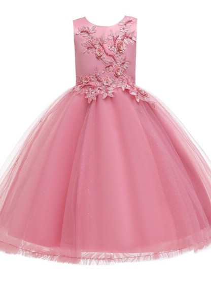 Ball Gown Tulle Sleeveless Jewel Neck Flower Girl Dresses with Appliques Lace