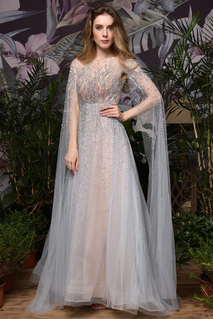 Luxury Shawl Sequined A-line Long Prom Dress
