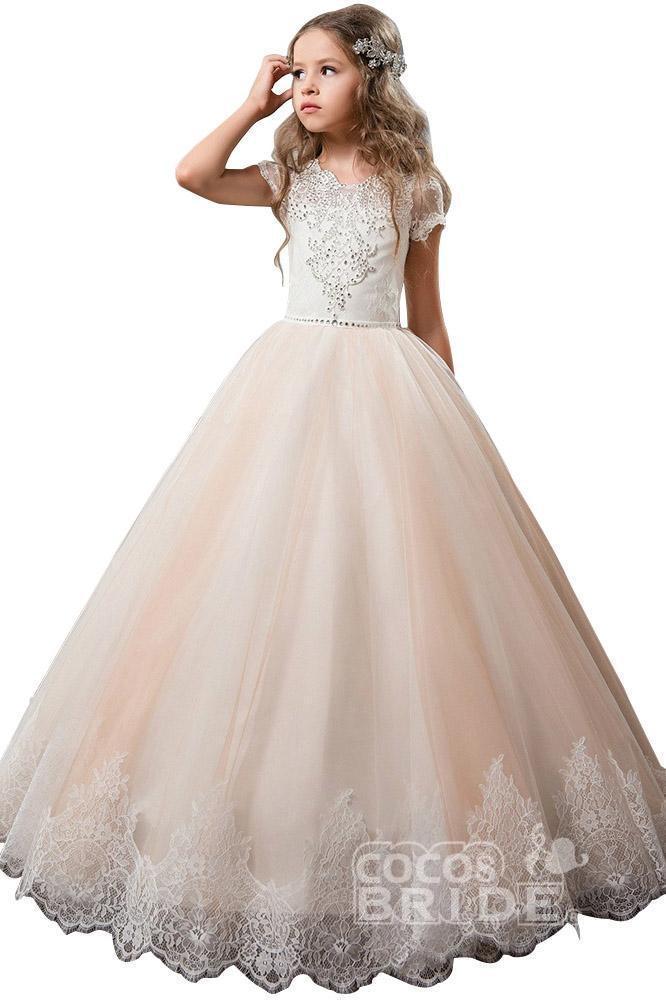 Light Pink Scoop Neck Short Sleeve Ball Gown Flower Girls Dress