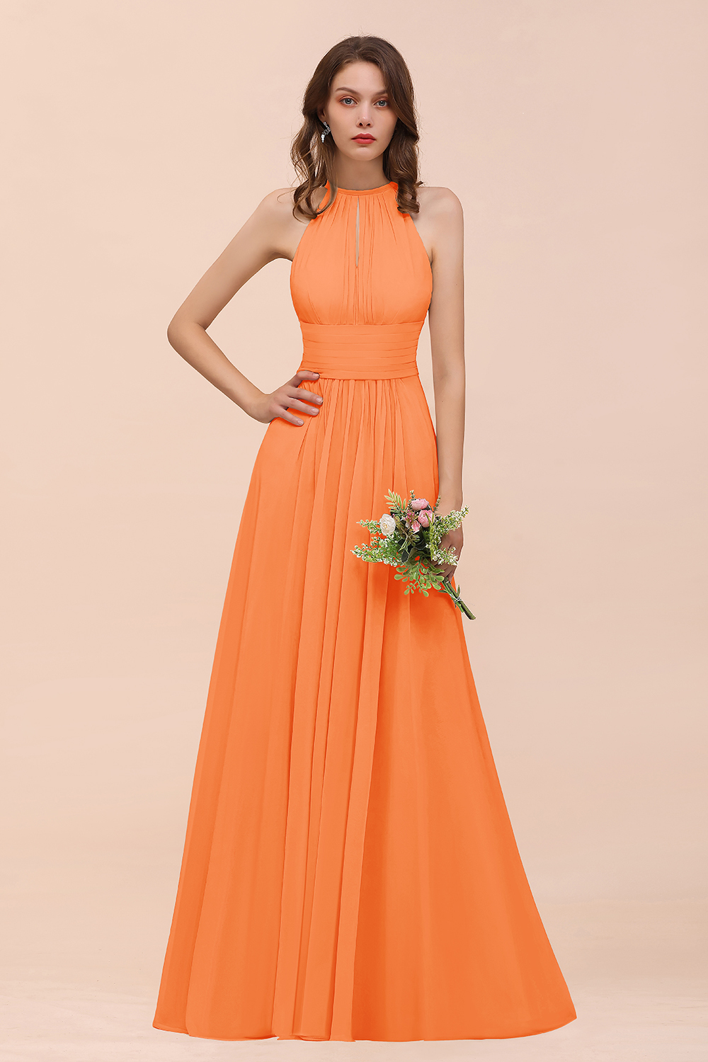 Elegant Long A-Line Jewel Ruffle Chiffon Champagne Bridesmaid Dress