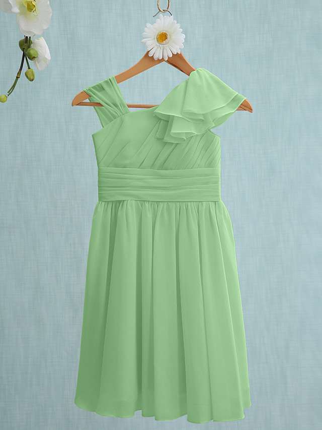Sheath / Column Straps Knee Length Chiffon Junior Bridesmaid Dress With Ruffles / Side Draping / Natural