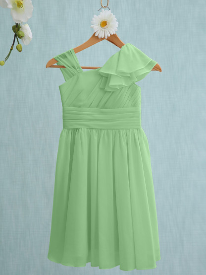 Sheath / Column Straps Knee Length Chiffon Junior Bridesmaid Dress With Ruffles / Side Draping / Natural