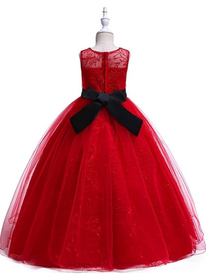 Princess Round Floor Length Cotton Junior Bridesmaid Dress With Bow(S) / Embroidery