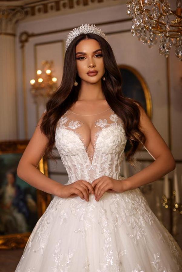Long A-line Sweetheart Tulle Lace Open Back Wedding Dresses