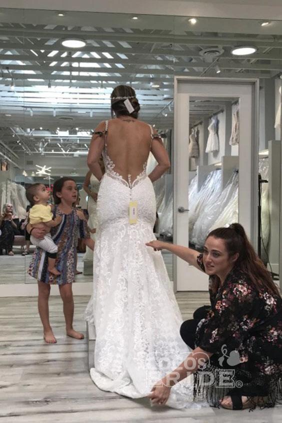Long Spaghetti Straps Mermaid V Neck Backless Lace Wedding Dress