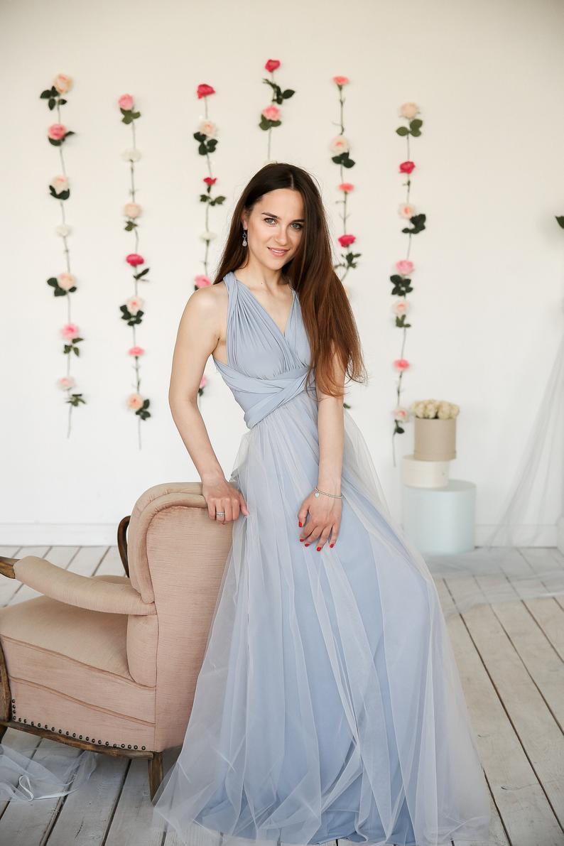 Elegant A-line Multiway Tulle Floor-length Backless Bridesmaid Dresses
