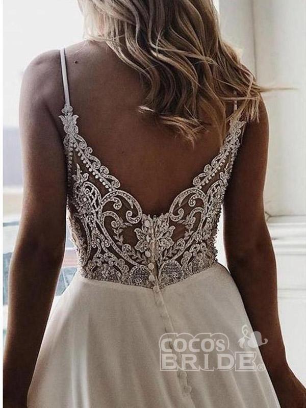 Simple Long V Neck Chiffon A Line Covered Button Boho Wedding Dresses