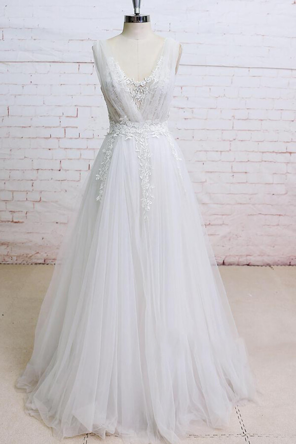 Long Appliques Lace Tulle Ruffle A-line Wedding Dress