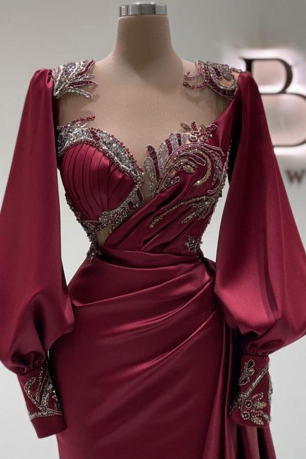 Burgundy Long Mermaid Sweetheart Satin Beading Evening Prom Dresses with Sleeves