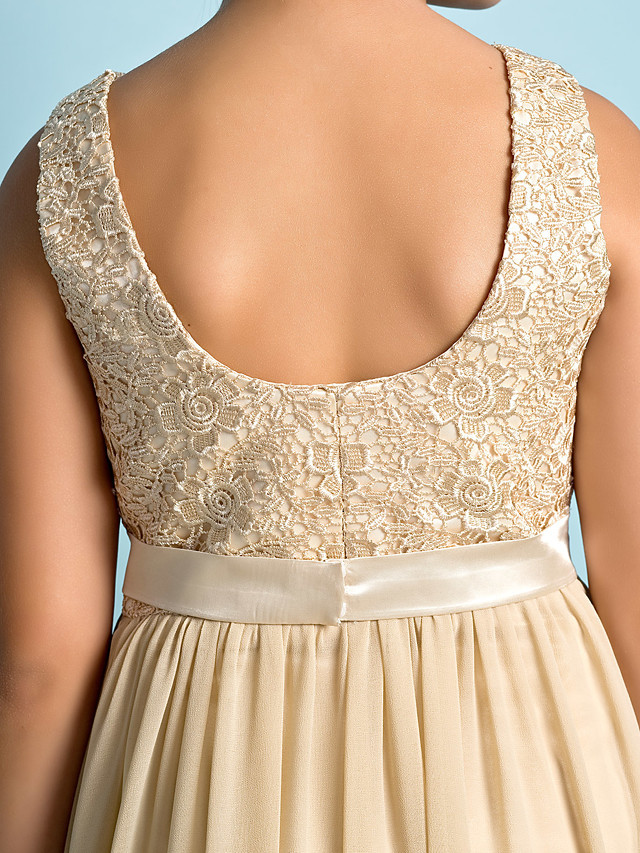A-Line Scoop Neck Floor Length Chiffon / Lace Junior Bridesmaid Dress With Lace / Natural / Mini Me