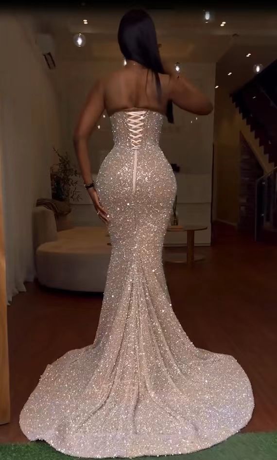 Glamorous Long Mermaid One Shoulder Sleeveless Sequined Formal Prom Dresses with Slit