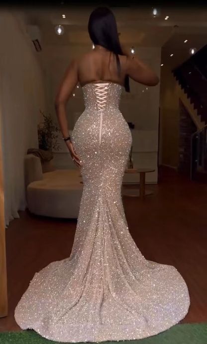 Glamorous Long Mermaid One Shoulder Sleeveless Sequined Formal Prom Dresses with Slit