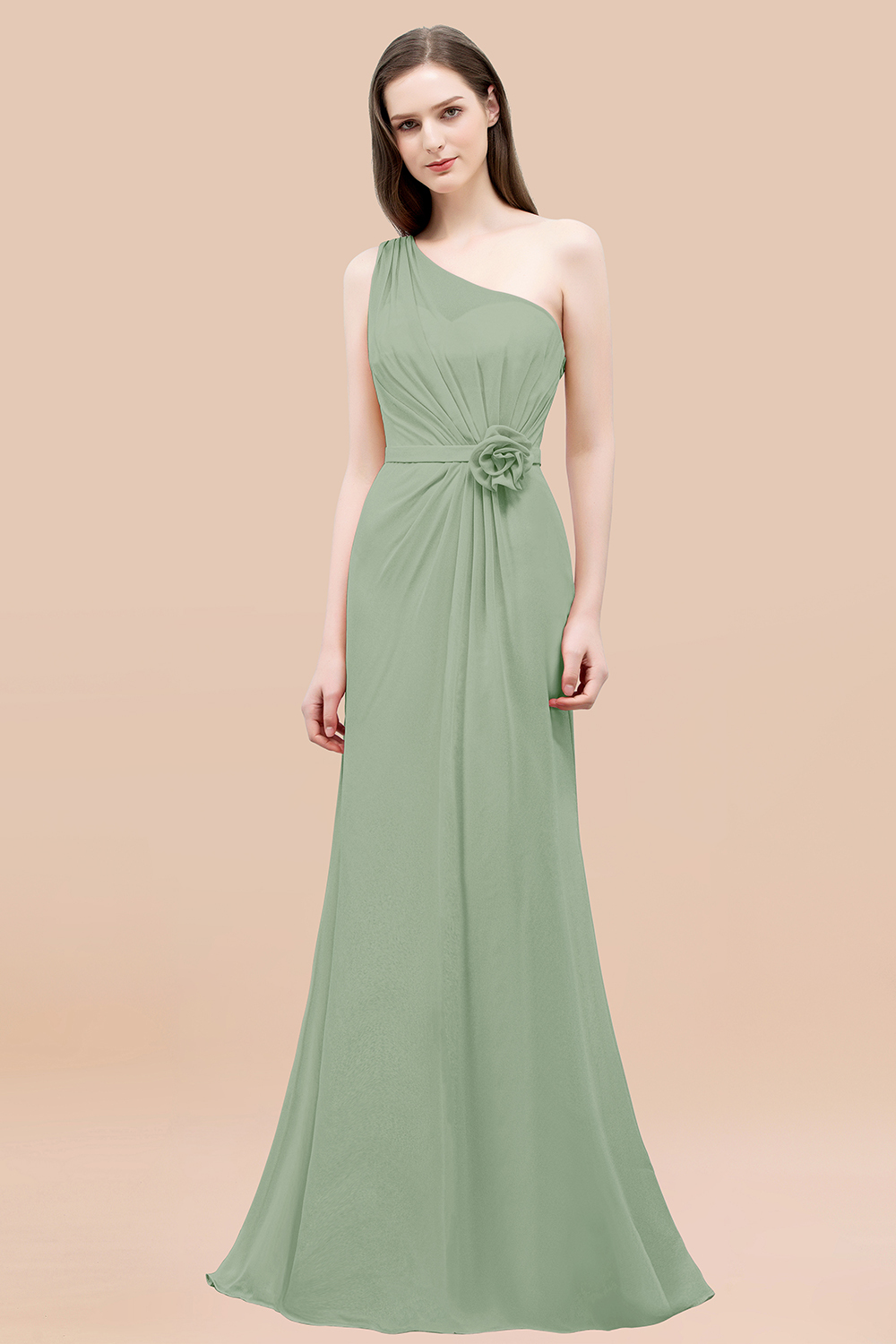 Mermaid Chiffon One-shoulder Sleeveless Ruffled Floor-Length Bridesmaid Dresses with Flower
