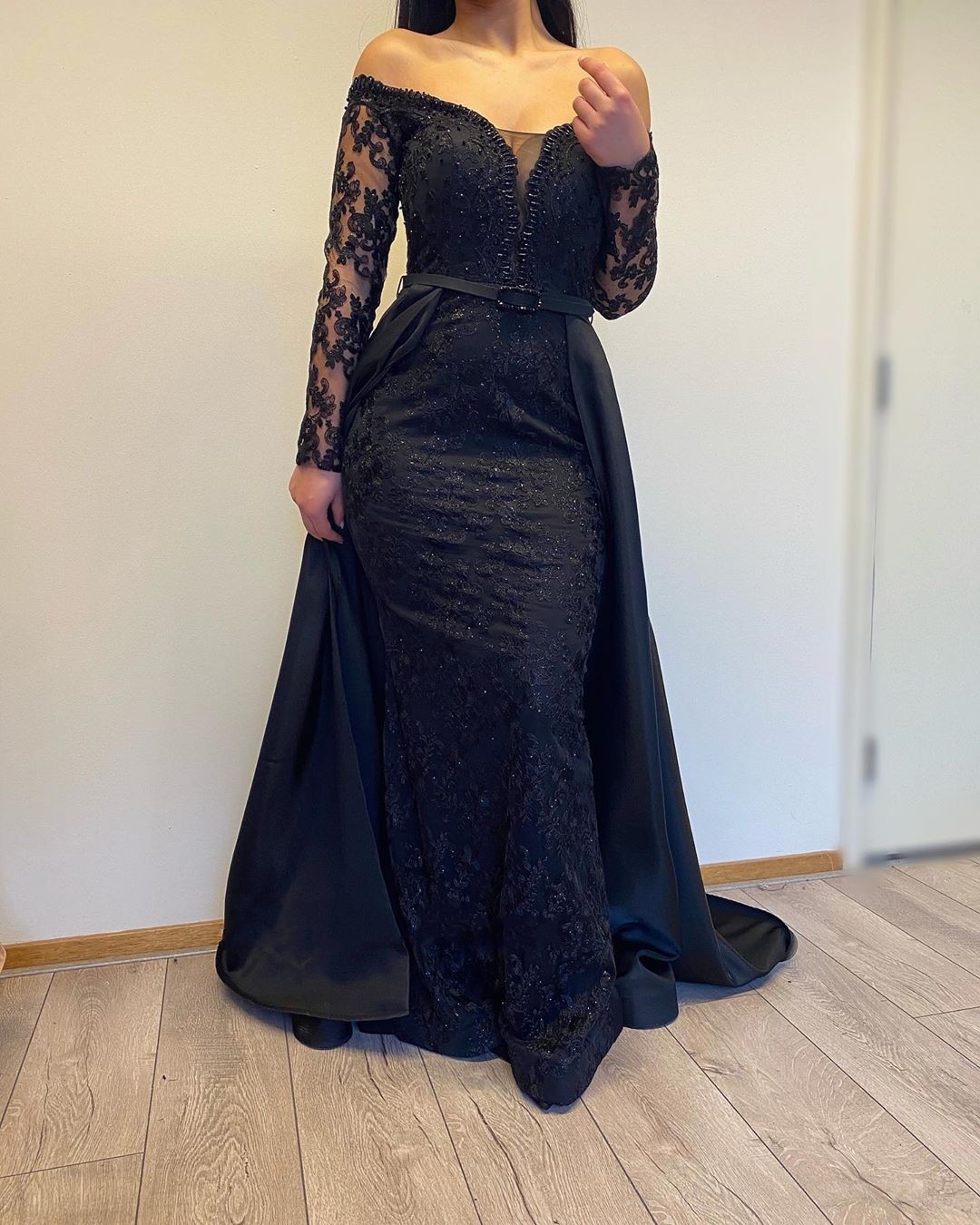 Long A-line Off-the-shoulder Lace Detachable Prom Dress with Sleeves