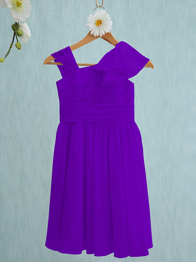 Sheath / Column Straps Knee Length Chiffon Junior Bridesmaid Dress With Ruffles / Side Draping / Natural