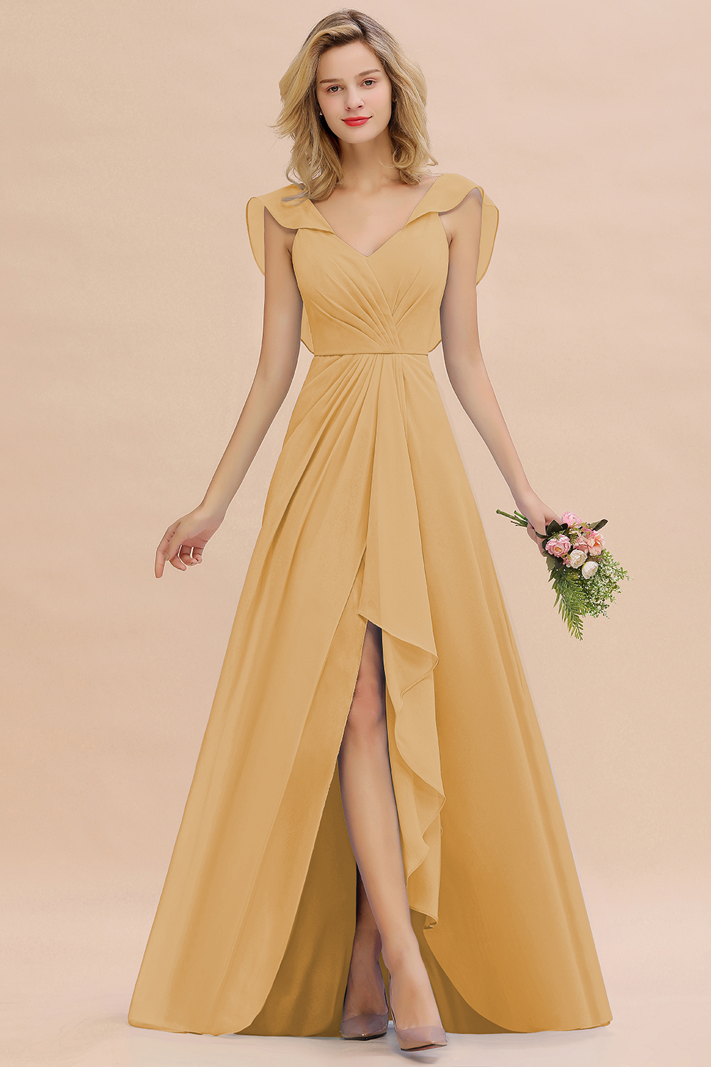 BM0777 Simple Hi-Lo V-Neck Ruffles Long Bridesmaid Dress