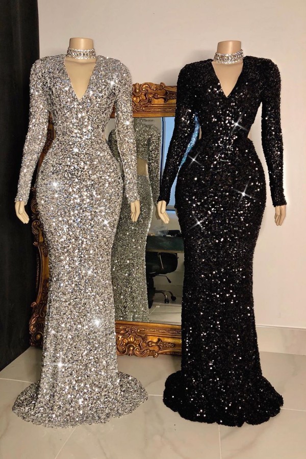 Mermaid Long Sleeves Sequins V-neck Glittering Crystal Prom Dresses