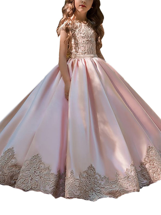 Ball Gown Long Satin Jewel Neck Flower Girl Dresses wiith Cap Sleeve