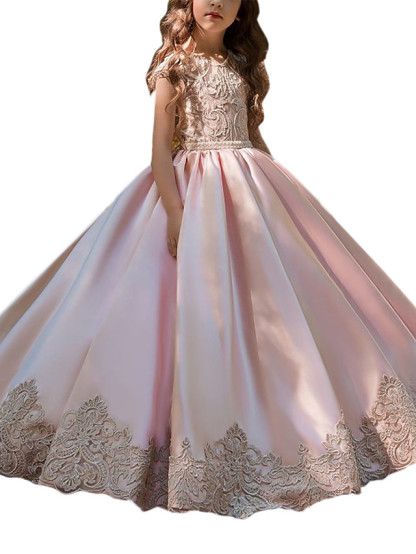 Ball Gown Long Satin Jewel Neck Flower Girl Dresses wiith Cap Sleeve