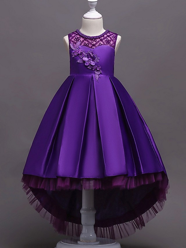 A-Line Asymmetrical Pageant Flower Girl Dresses - Satin Sleeveless Jewel Neck With Lace / Bow(S) / Beading
