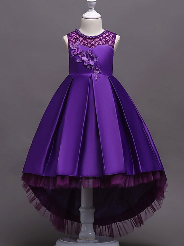 A-Line Asymmetrical Pageant Flower Girl Dresses - Satin Sleeveless Jewel Neck With Lace / Bow(S) / Beading