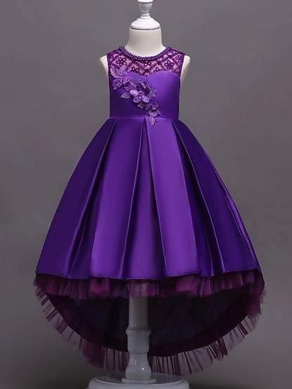 A-Line Asymmetrical Pageant Flower Girl Dresses - Satin Sleeveless Jewel Neck With Lace / Bow(S) / Beading