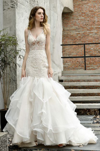 Ivory Long Mermaid V-neck Lace Tulle Ruffles Wedding Dress