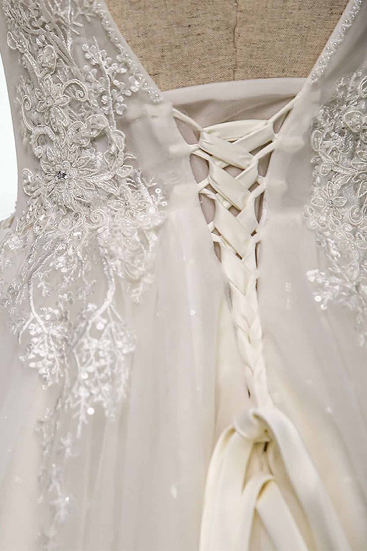 V Neck Long Lace White Lace Sweep Train A-line Wedding Dress