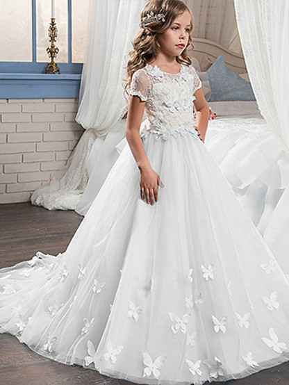 Long A-line Tulle Jewel Neck Appliques Lace Flower Girl Dresses with Sleeves