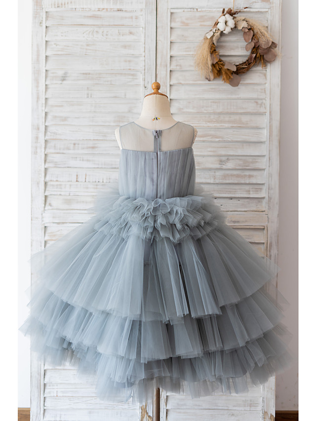 Grey Ball Gown Sleeveless Tulle Birthday Party Girl Dresses