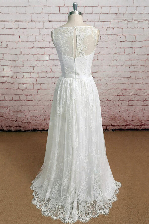 Elegant Long Illusion Lace A-line Tulle Wedding Dress