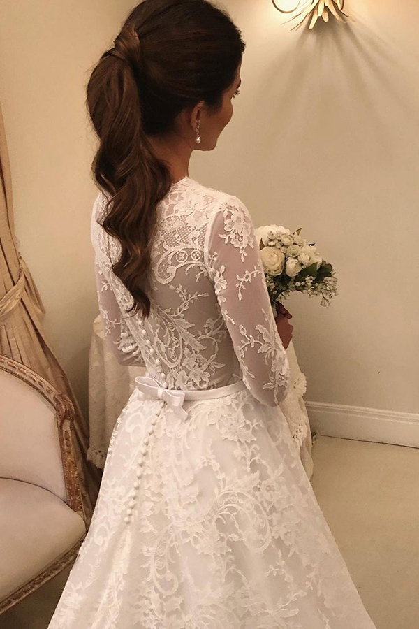 Elegant Long Scoop Lace A-line Wedding Dresses with Long Sleeves