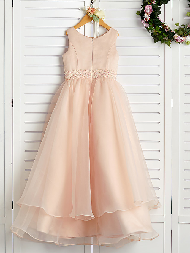 A-Line Jewel Neck Ankle Length Organza / Satin Junior Bridesmaid Dress With Beading / Tier