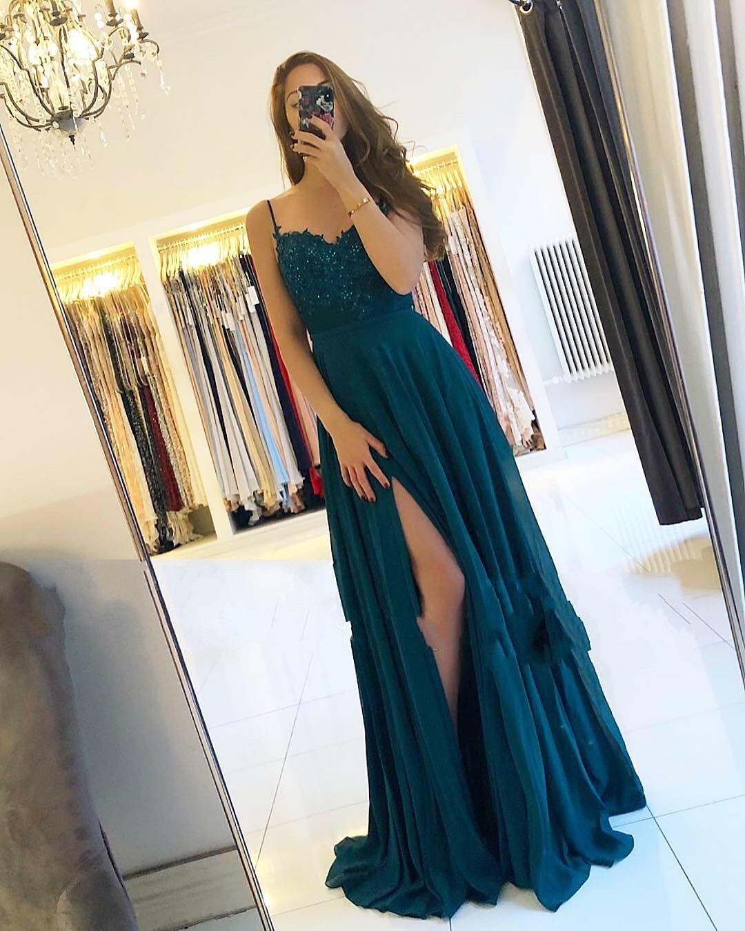 Spaghetti Straps Lace A-Line Ruffles Floor-length Prom Dress With Side Slit