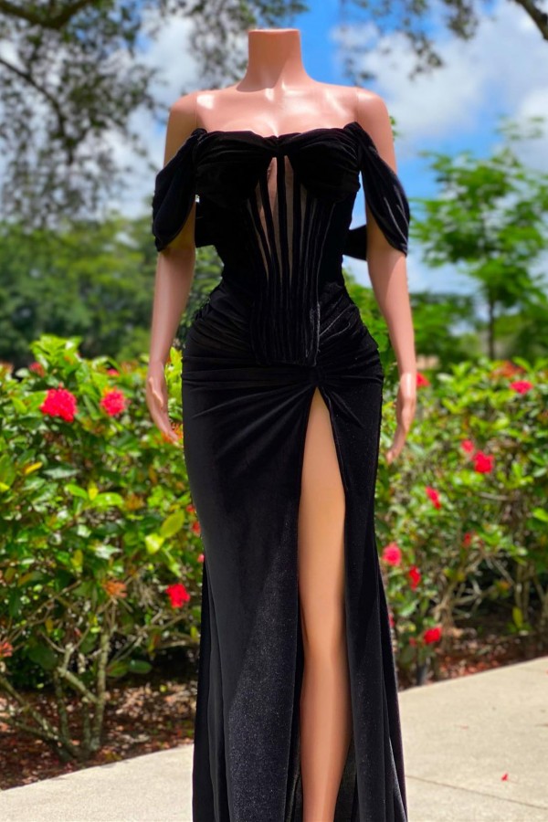 Black Long Mermaid Off the Shoulder Velvet Prom Dress with Slit