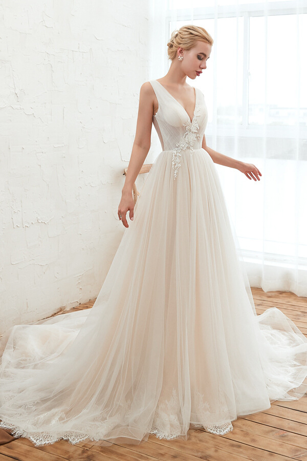 Long A-line V-neck Chapel Train Tulle Wedding Dress