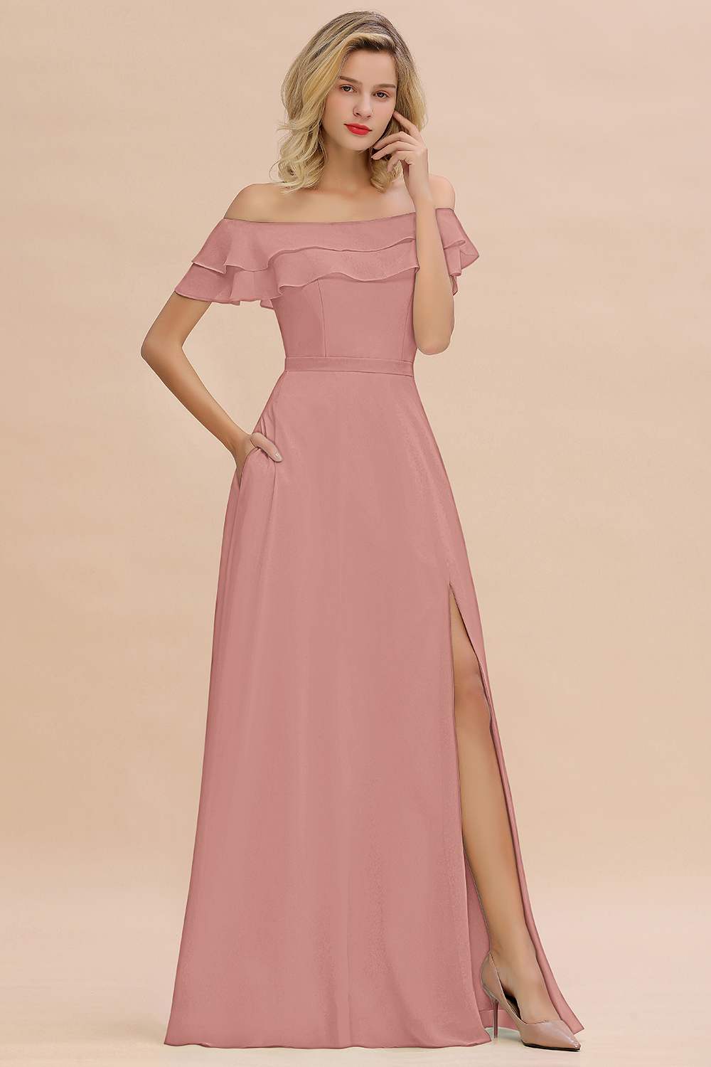 Off-the-Shoulder Front Slit Mint Green Long Bridesmaid Dress