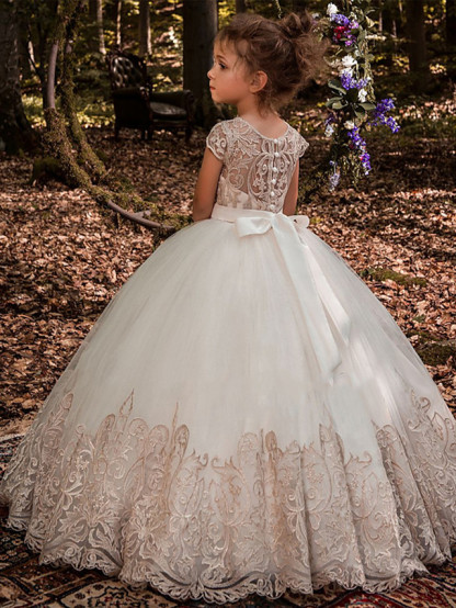 Ivory Long Ball Gown Jewel Neck Tulle Lace Birthday Flower Girl Dresses