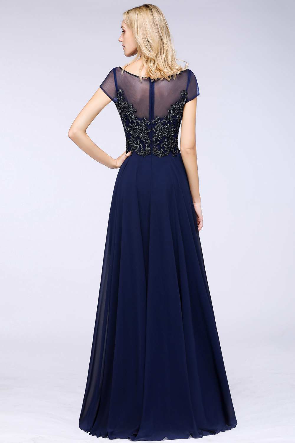 Elegant A-Line Short Sleeves Appliques Beads Bridesmaid Dress